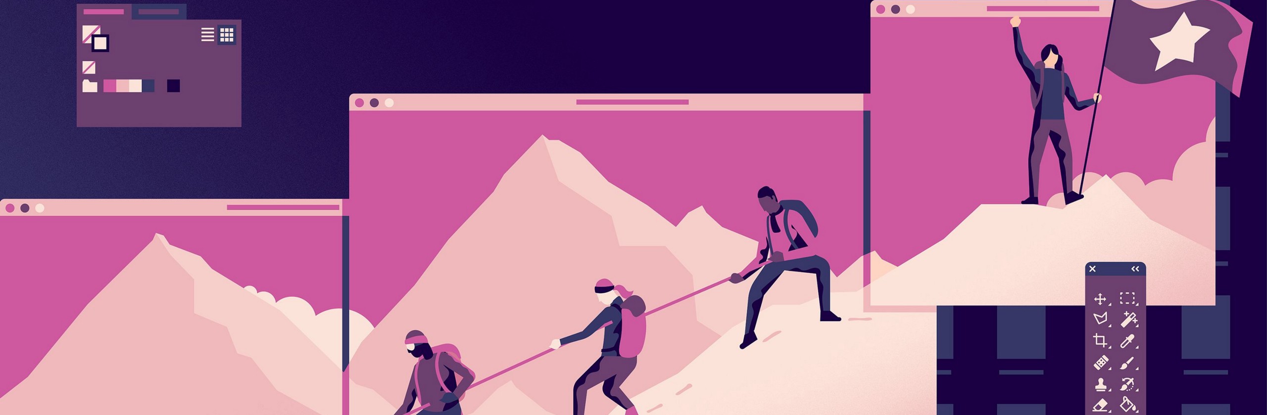 Illustrated people climbing a mountain across multiple canvases in a design package, Photoshop